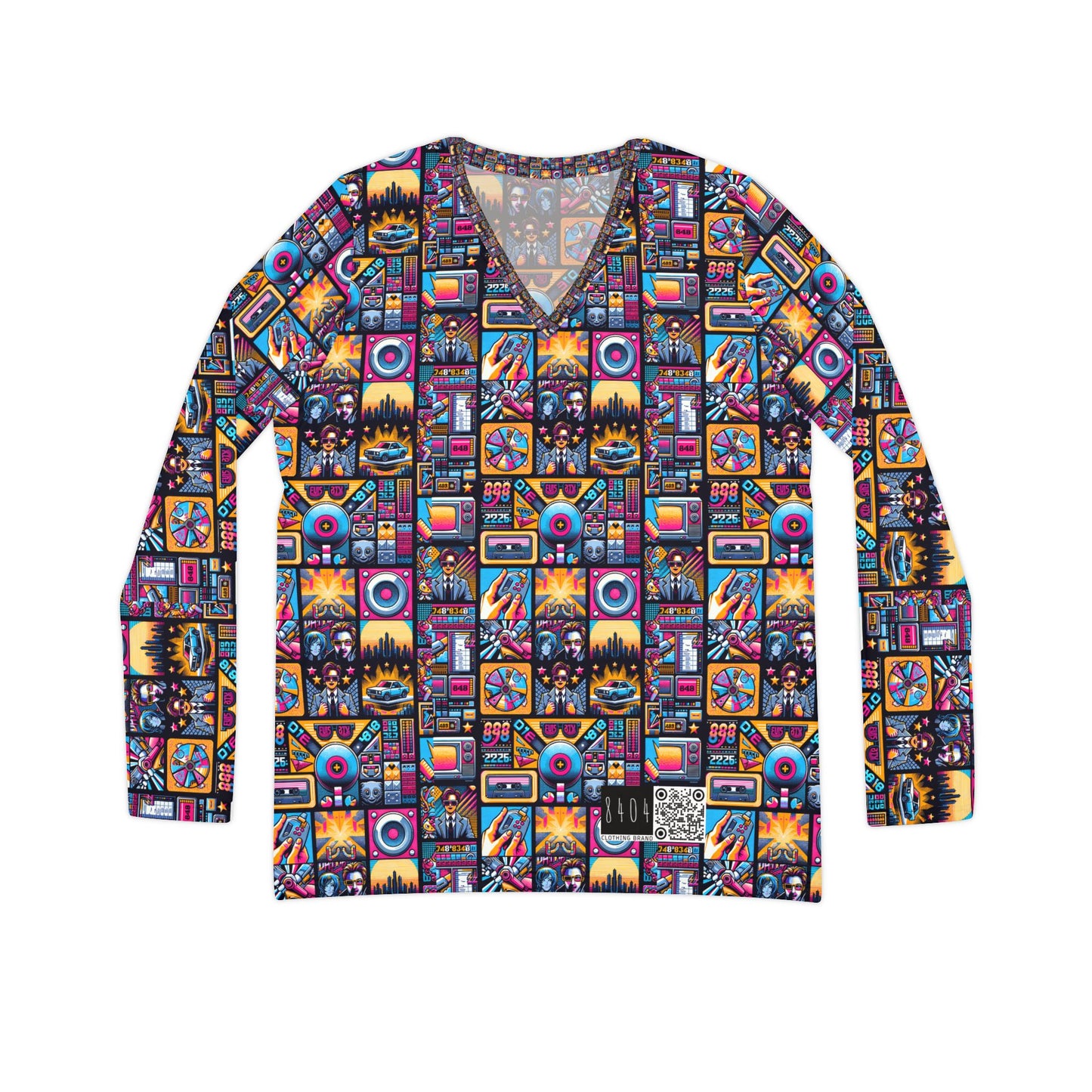 Digital Pop Culture Mashup Maximalist Pop Women's Long Sleeve V-neck Shirt - 8404 Design-52