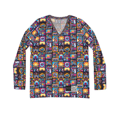 Digital Pop Culture Mashup Maximalist Pop Women's Long Sleeve V-neck Shirt - 8404 Design-52