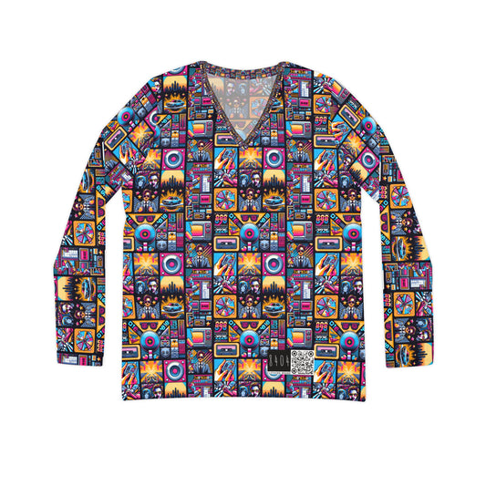 Digital Pop Culture Mashup Maximalist Pop Women's Long Sleeve V-neck Shirt - 8404 Design-52