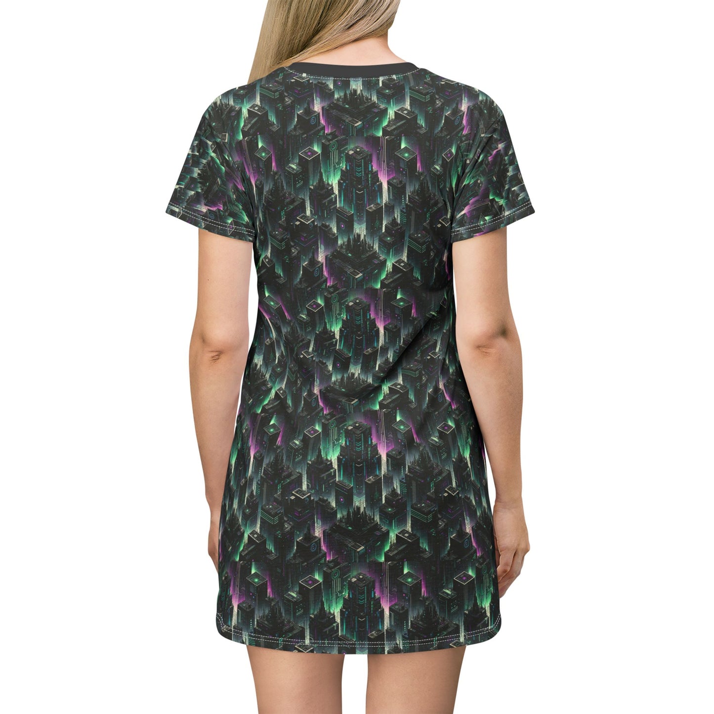 Tech Noir Aesthetics Tech-Forward Urban Dystopia T-Shirt Dress - 8404 Design-44
