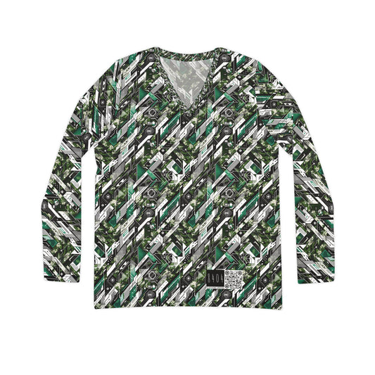 Tech Camo Fusion Tech-Forward Streetwear With a Futuristic Edge Women's Long Sleeve V-Neck Shirt - 8404 Design-63