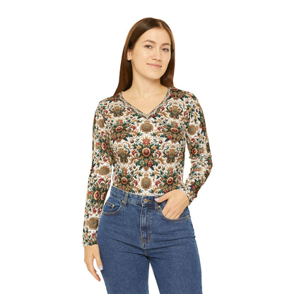 Monogram Madness Luxurious Streetwear Women's Long Sleeve V-Neck Shirt - 8404 Design-68