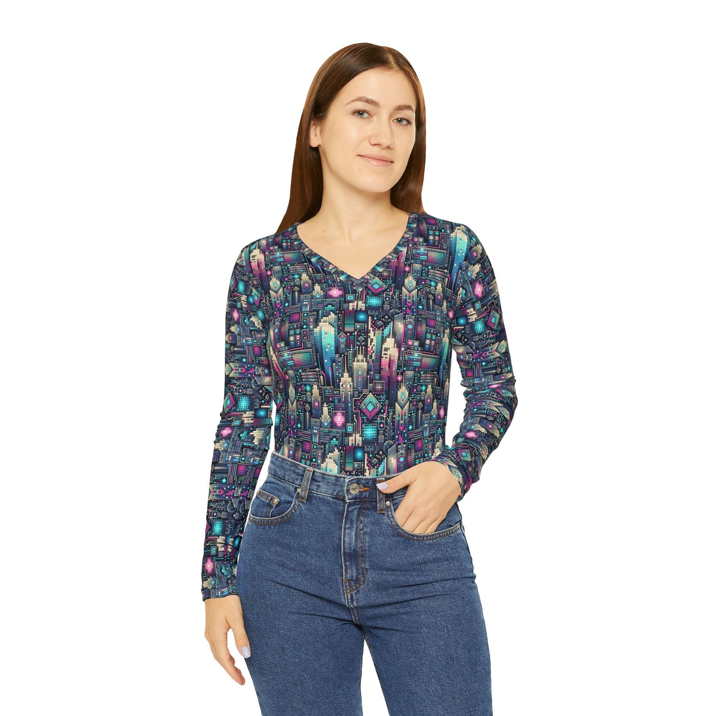 Digital Renaissance Tech-Forward Maximalism Women's Long Sleeve V-Neck Shirt - 8404 Design-56