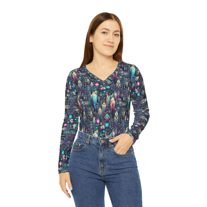 Digital Renaissance Tech-Forward Maximalism Women's Long Sleeve V-Neck Shirt - 8404 Design-56