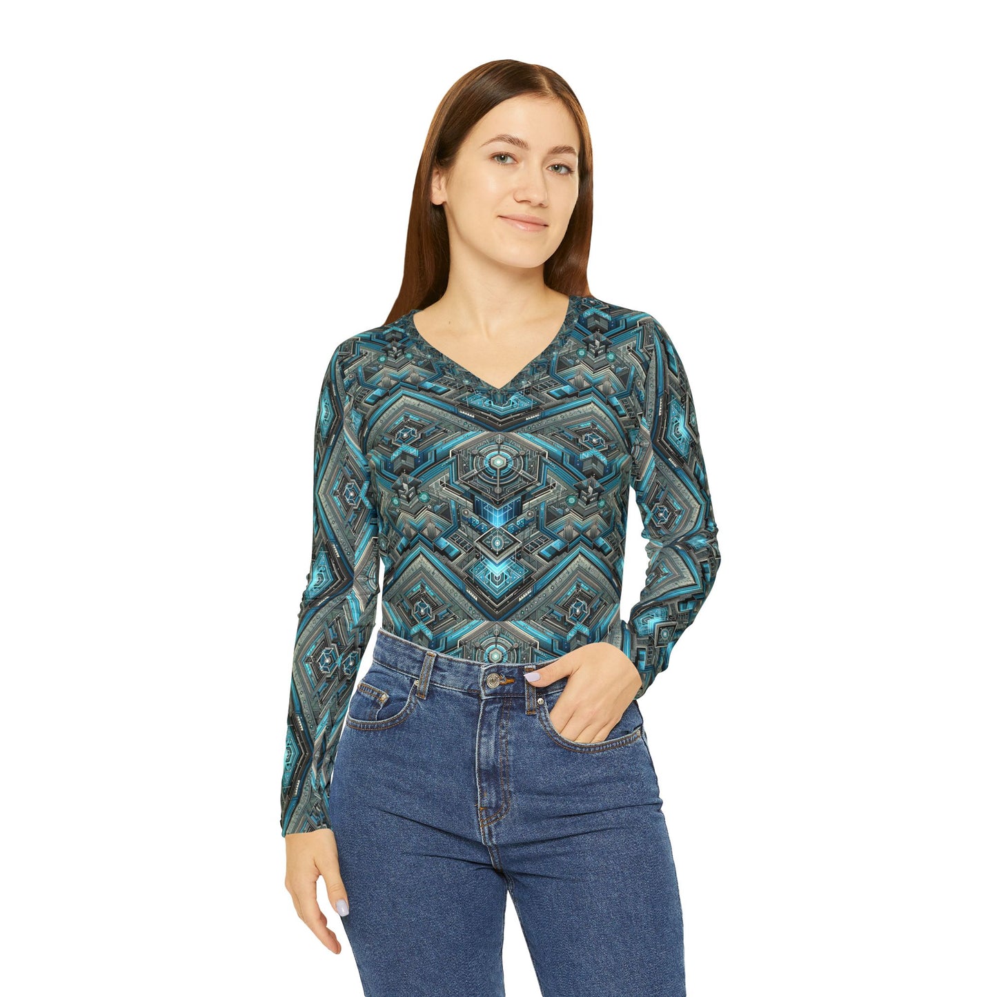Tech-Infused Futurism Sleek Tech Edge Women's Long Sleeve V-Neck Shirt - 8404 Design-49