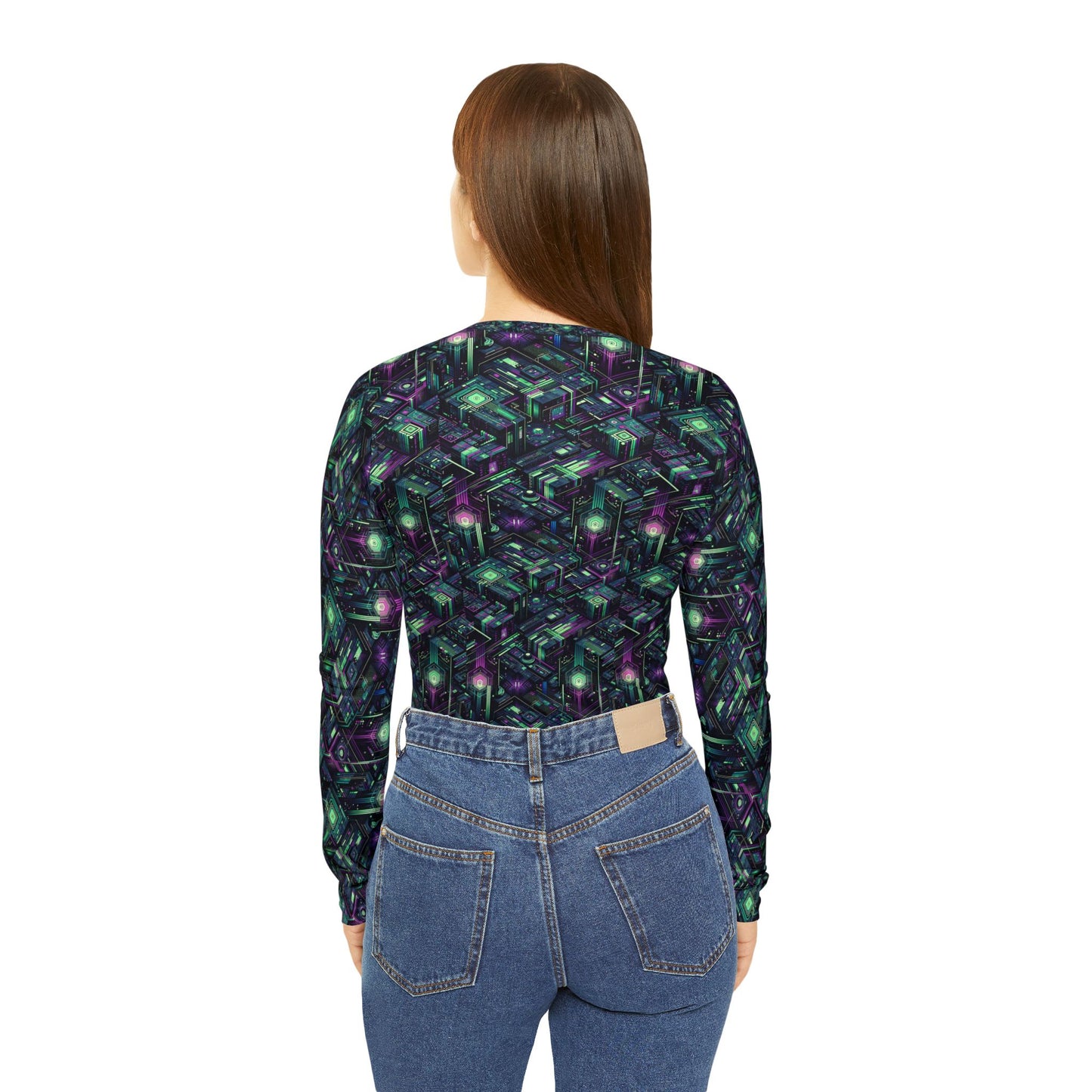 Tech Noir Aesthetics Tech-Forward Urban Dystopia Women's Long Sleeve V-Neck Shirt - 8404 Design-43