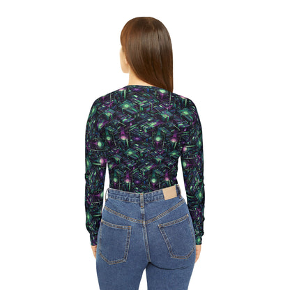 Tech Noir Aesthetics Tech-Forward Urban Dystopia Women's Long Sleeve V-Neck Shirt - 8404 Design-43