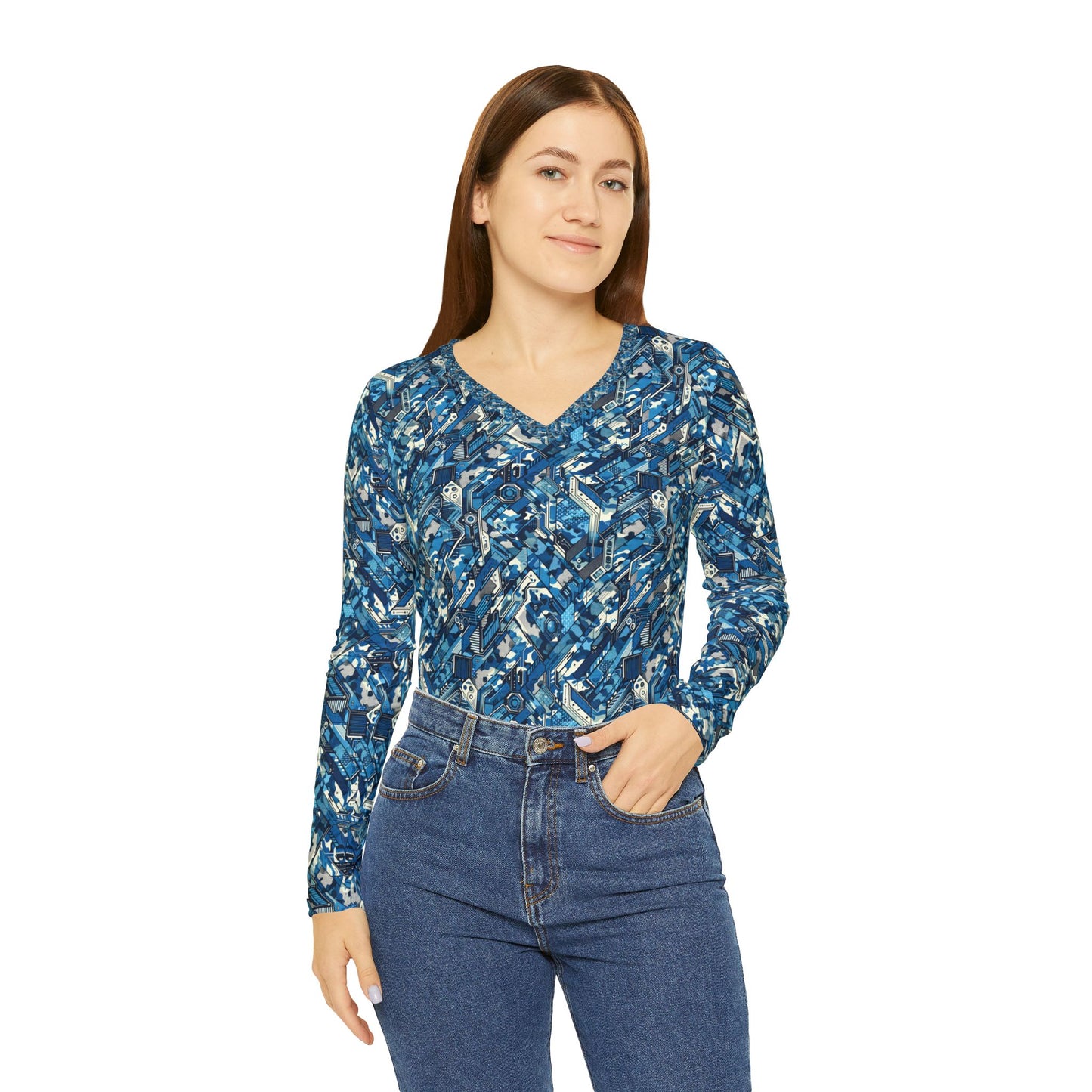Tech Urban Camo Tech-Forward Streetwear With a Futuristic Military Edge Women's Long Sleeve V-Neck Shirt - 8404 Design-39