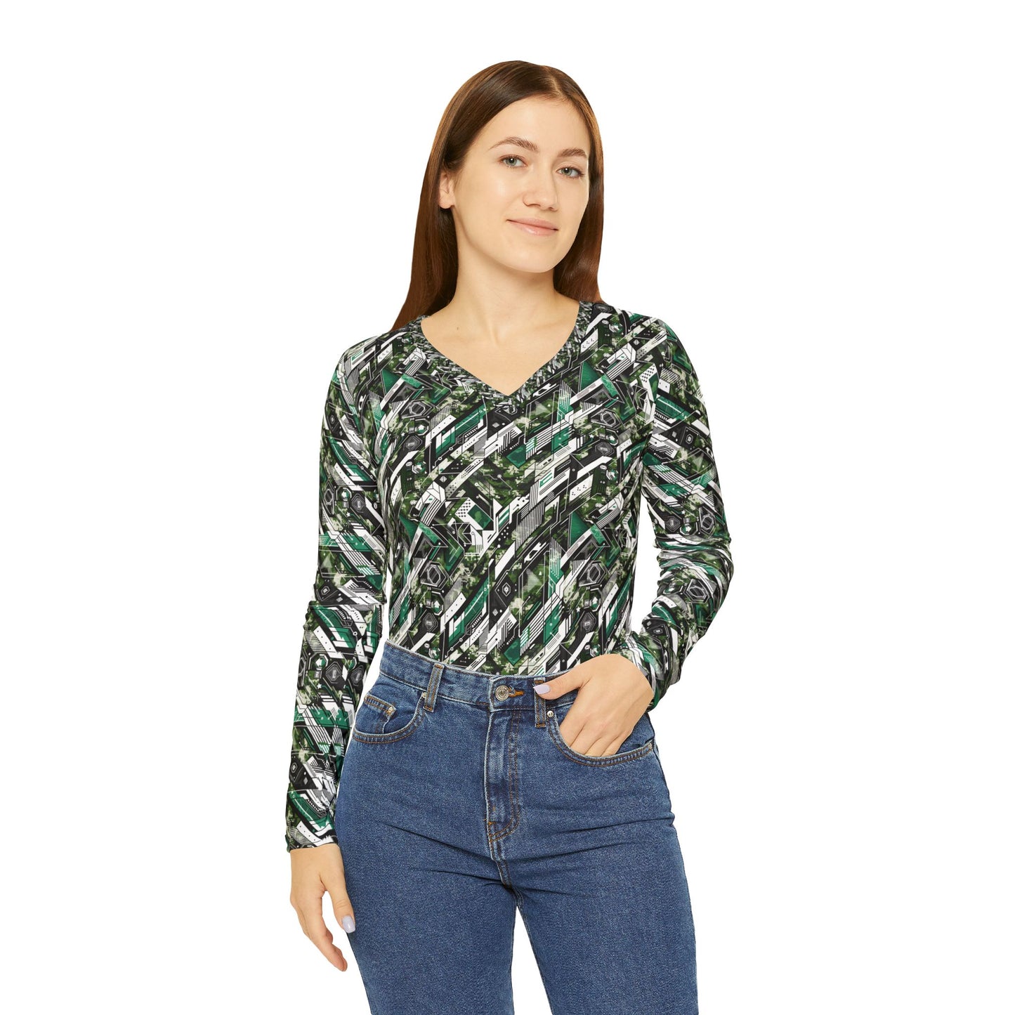Tech Camo Fusion Tech-Forward Streetwear With a Futuristic Edge Women's Long Sleeve V-Neck Shirt - 8404 Design-63
