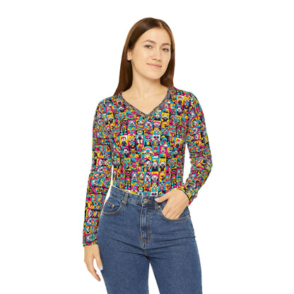 Neon Pop Playful Pop Culture Mashup Women's Long Sleeve V-Neck Shirt - 8404 Design-60