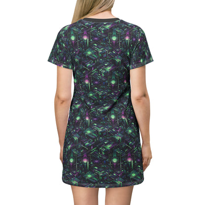 Tech Noir Aesthetics Tech-Forward Urban Dystopia T-Shirt Dress - 8404 Design-43