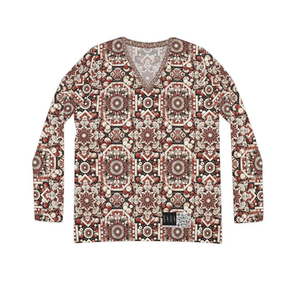 Neo Jomon Sculptural Aesthetics Artisanal Streetwear Women's Long Sleeve V-Neck Shirt - 8404 Design-55