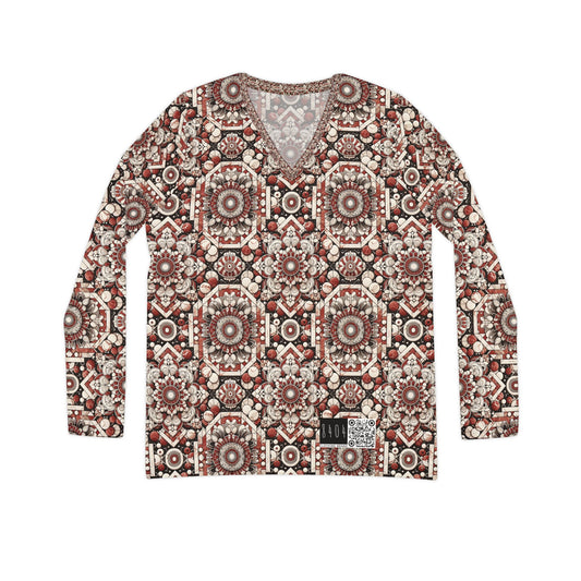 Neo Jomon Sculptural Aesthetics Artisanal Streetwear Women's Long Sleeve V-Neck Shirt - 8404 Design-55