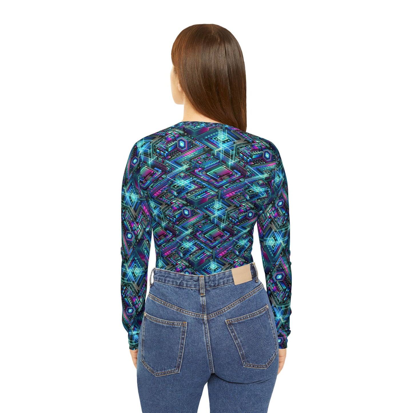 Digital Dreamland Futuristic Tech Aesthetic Women's Long Sleeve V-Neck Shirt - 8404 Design-42