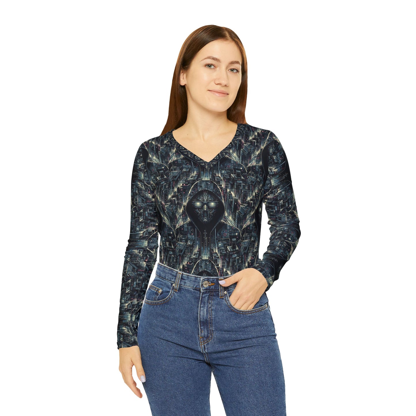 Tech Noir Aesthetics Sleek Tech Streetwear Women's Long Sleeve V-Neck Shirt - 8404 Design-56