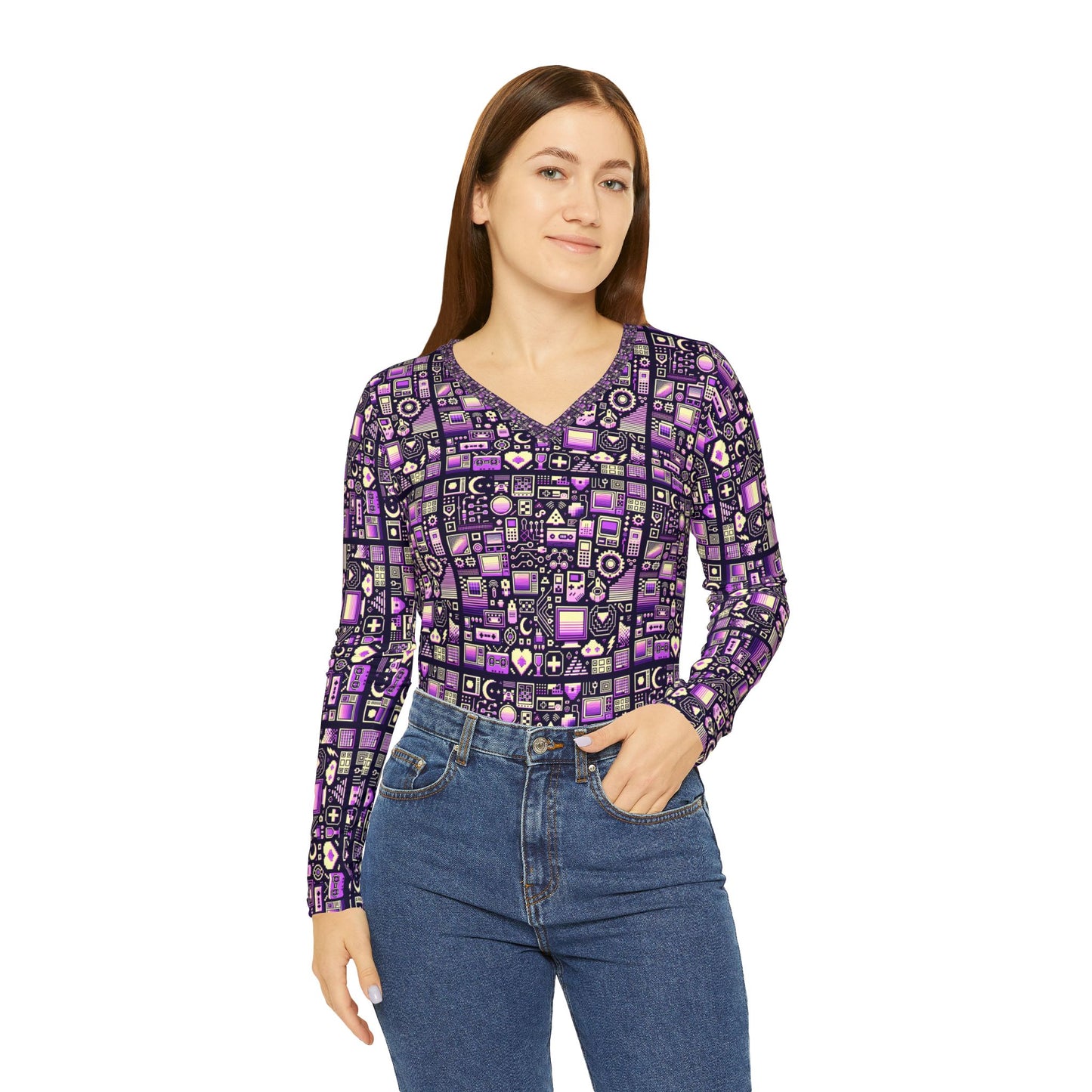 Digital Nostalgia Remix Modern Vintage Fusion Women's Long Sleeve V-Neck Shirt - 8404 Design-54
