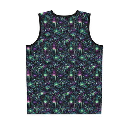 Tech Noir Aesthetics Tech-Forward Urban Dystopia Basketball Jersey - 8404 Design-43