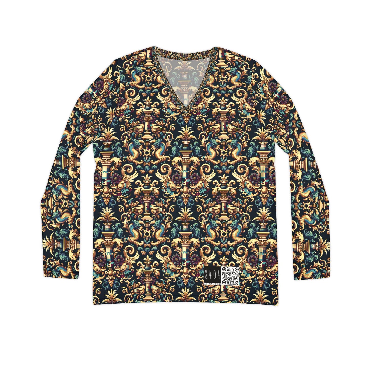 Digital Renaissance Modern Baroque Fusion Women's Long Sleeve V-Neck Shirt - 8404 Design-57