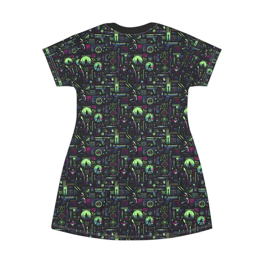 Tech Noir Futuristic Cyberpunk T-Shirt Dress - 8404 Design-63