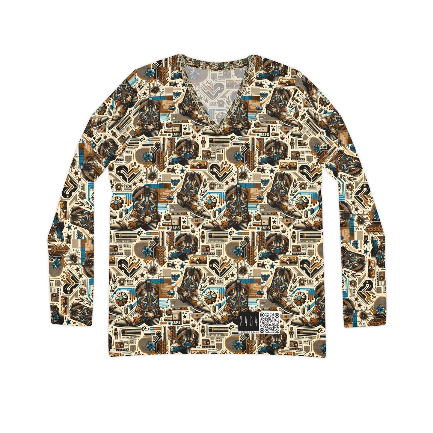 Digital Cowboy Chic Tech-Infused Western Fusion Women's Long Sleeve V-Neck Shirt - 8404 Design-45