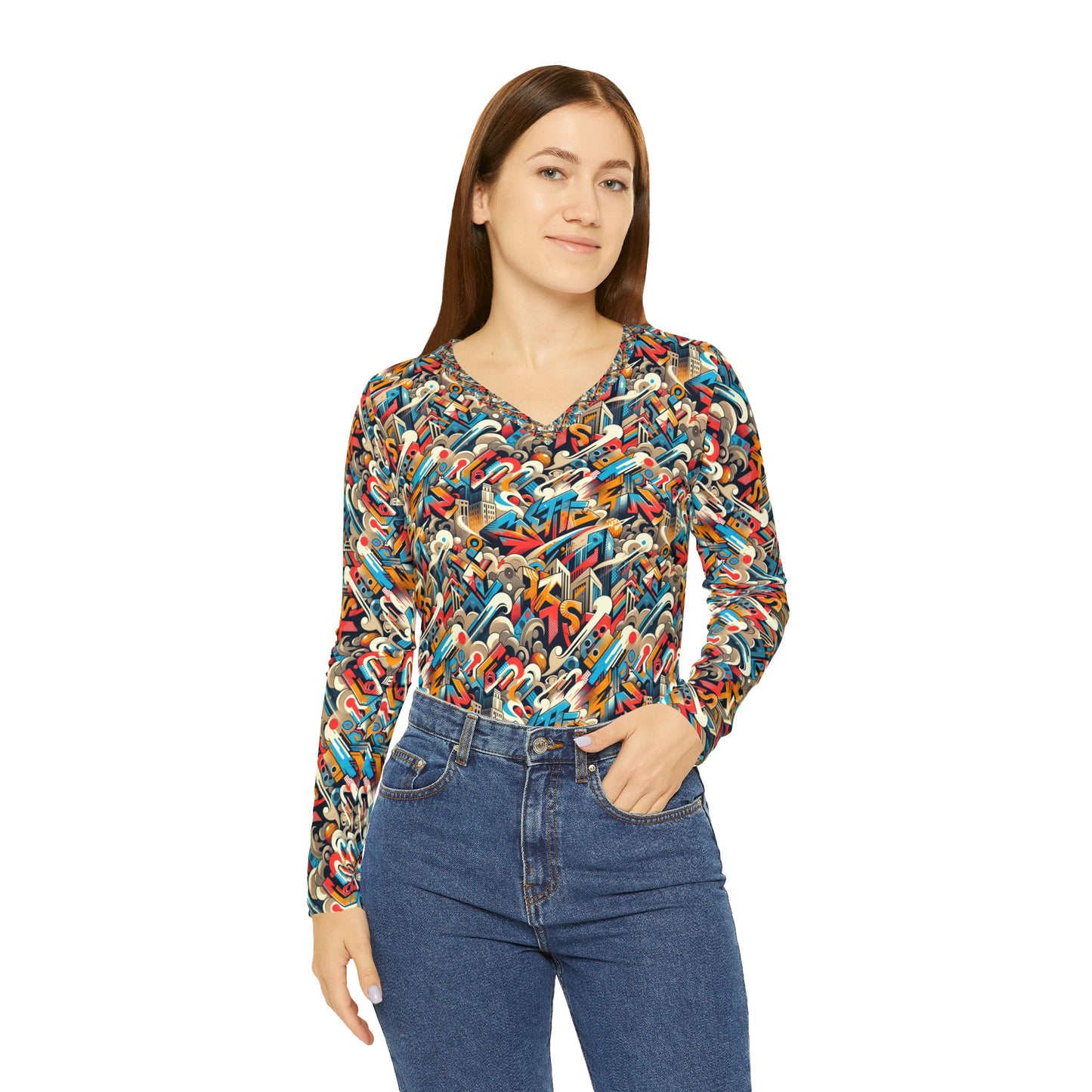 Neo-Traditional Street Art Modern Street Art Fusion Women's Long Sleeve V-Neck Shirt - 8404 Design-44