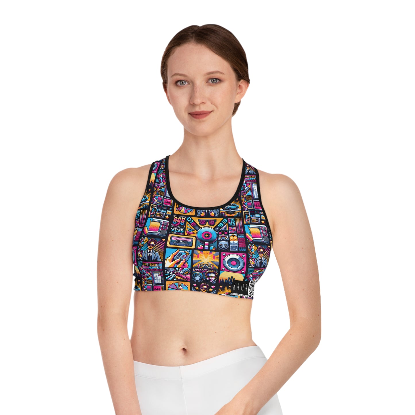 Digital Pop Culture Mashup Maximalist Pop Sports Bra - 8404 Design-52