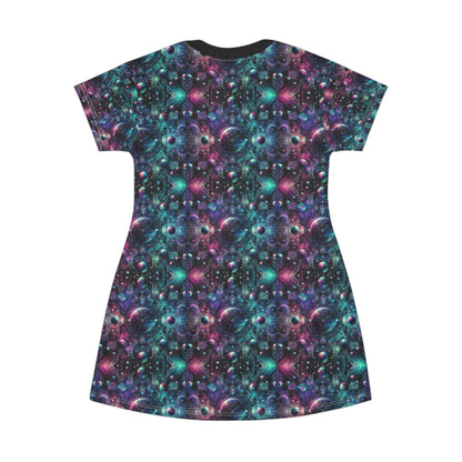 Galactic Hues Tech-Forward Cosmic Fusion T-Shirt Dress - 8404 Design-59