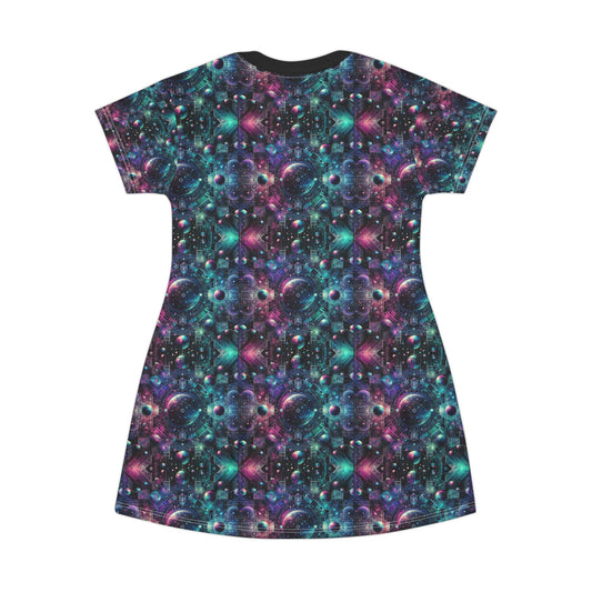 Galactic Hues Tech-Forward Cosmic Fusion T-Shirt Dress - 8404 Design-59