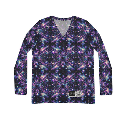 Galactic Hues Tech-Forward Cosmic Fusion Women's Long Sleeve V-Neck Shirt - 8404 Design-41