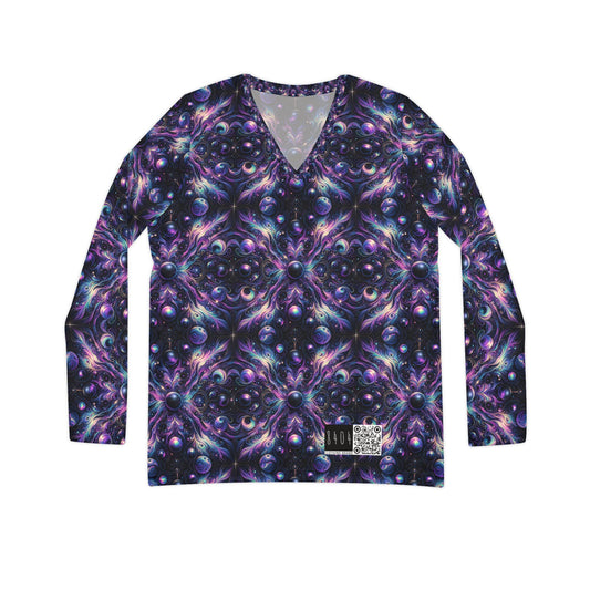 Galactic Hues Tech-Forward Cosmic Fusion Women's Long Sleeve V-Neck Shirt - 8404 Design-41