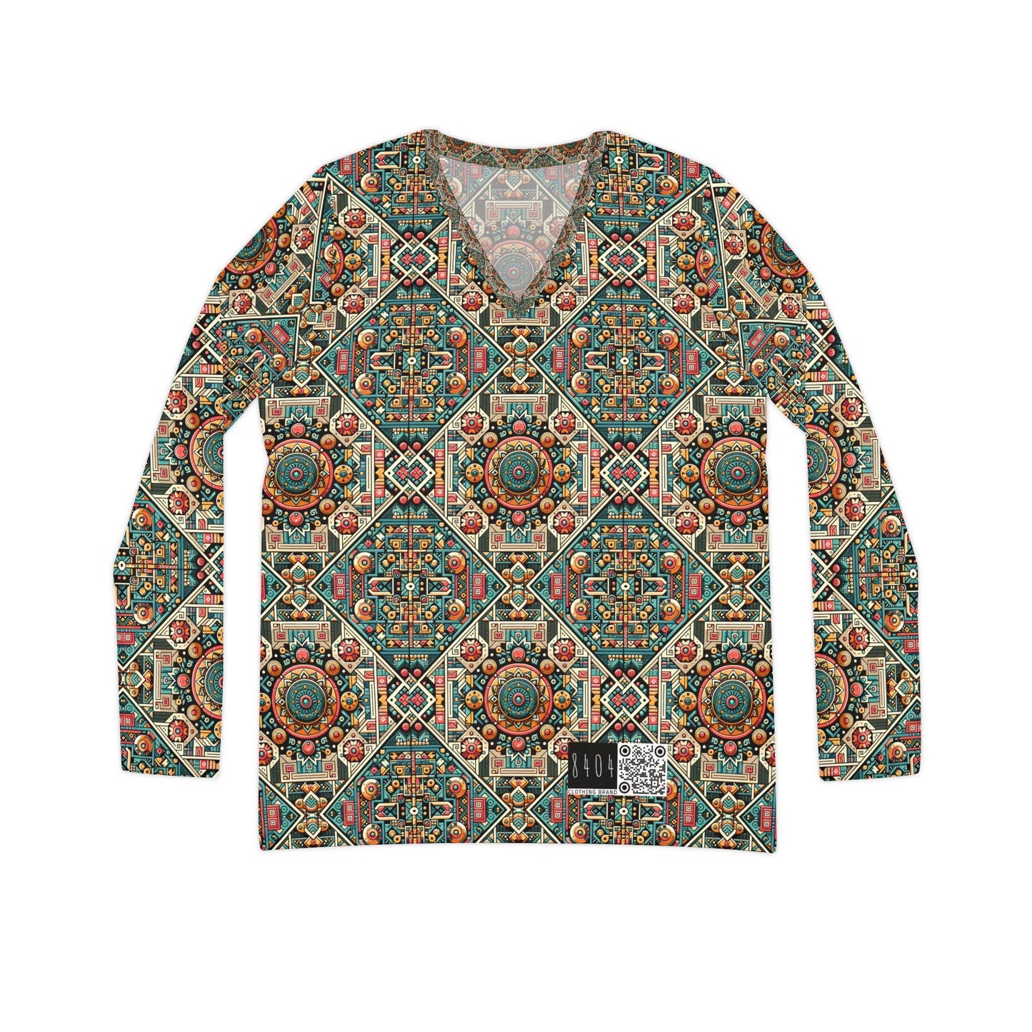 Cultural Fusion Tech Blend of Cultural Heritage With Tech-Inspired Elements Women's Long Sleeve V-Neck Shirt - 8404 Design-74