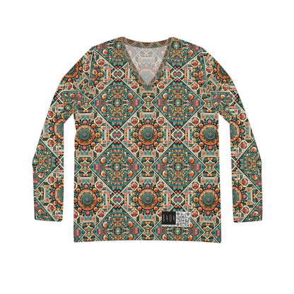 Cultural Fusion Tech Blend of Cultural Heritage With Tech-Inspired Elements Women's Long Sleeve V-Neck Shirt - 8404 Design-74