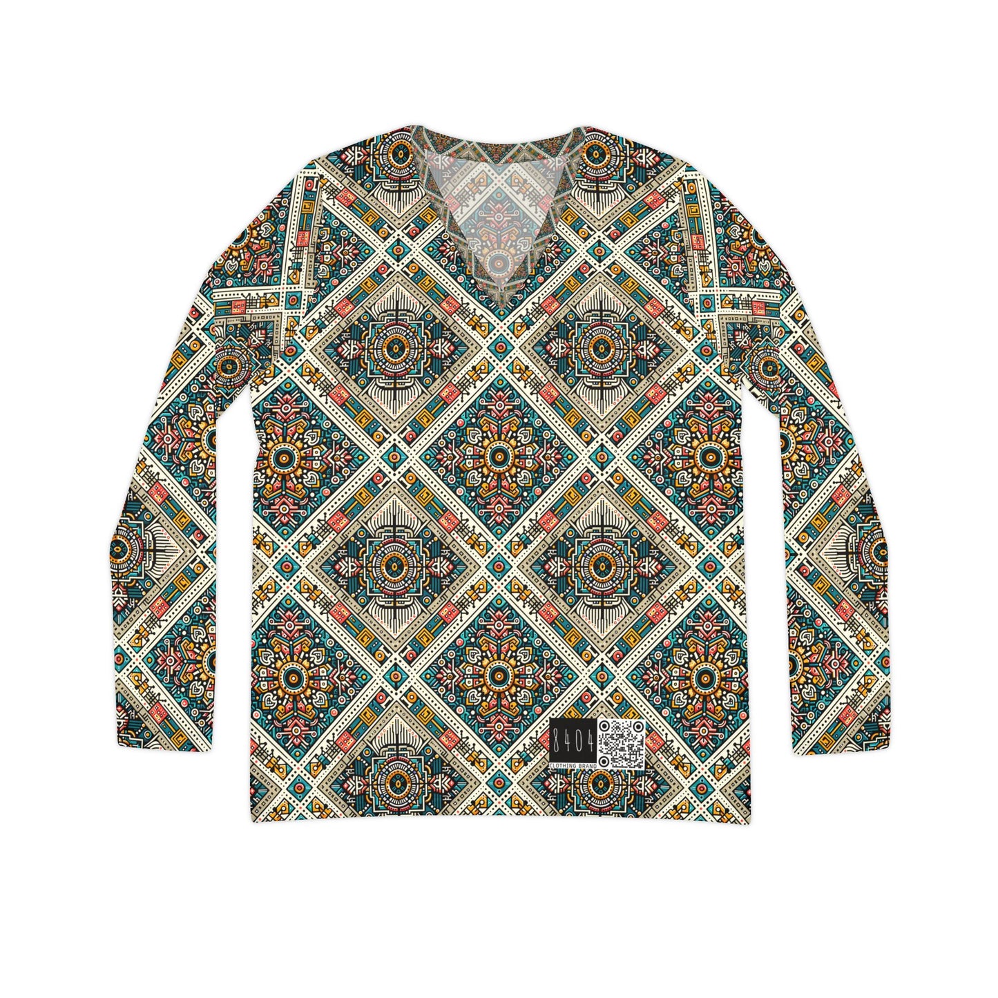Cultural Fusion Tech Blend of Cultural Heritage With Tech-Inspired Elements Women's Long Sleeve V-Neck Shirt - 8404 Design-64