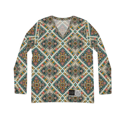 Cultural Fusion Tech Blend of Cultural Heritage With Tech-Inspired Elements Women's Long Sleeve V-Neck Shirt - 8404 Design-64