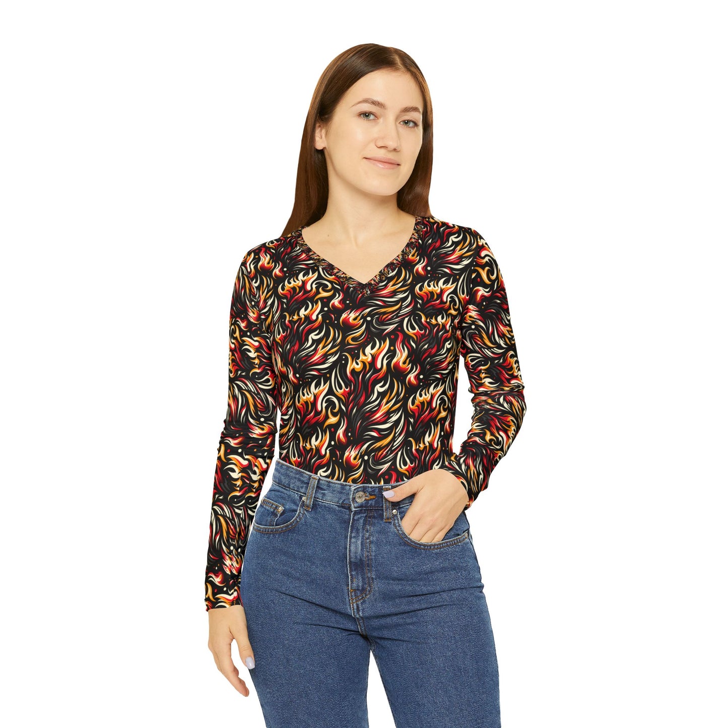 Fire & Flames Bold Streetwear Statement Women's Long Sleeve V-Neck Shirt - 8404 Design-60