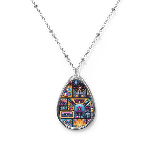 Digital Pop Culture Mashup Maximalist Pop Oval Necklace - 8404 Design-52