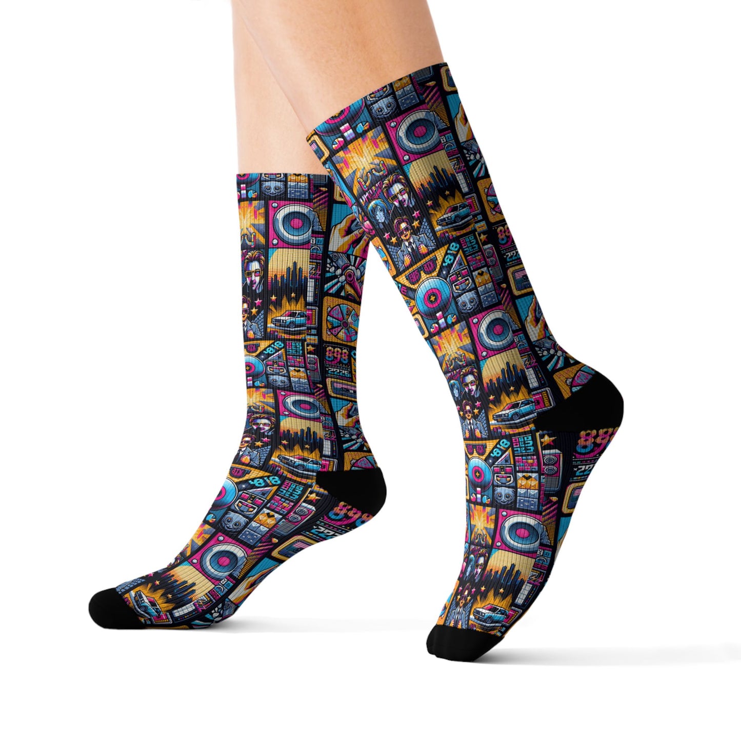 Digital Pop Culture Mashup Maximalist Pop Sublimation Socks - 8404 Design-52
