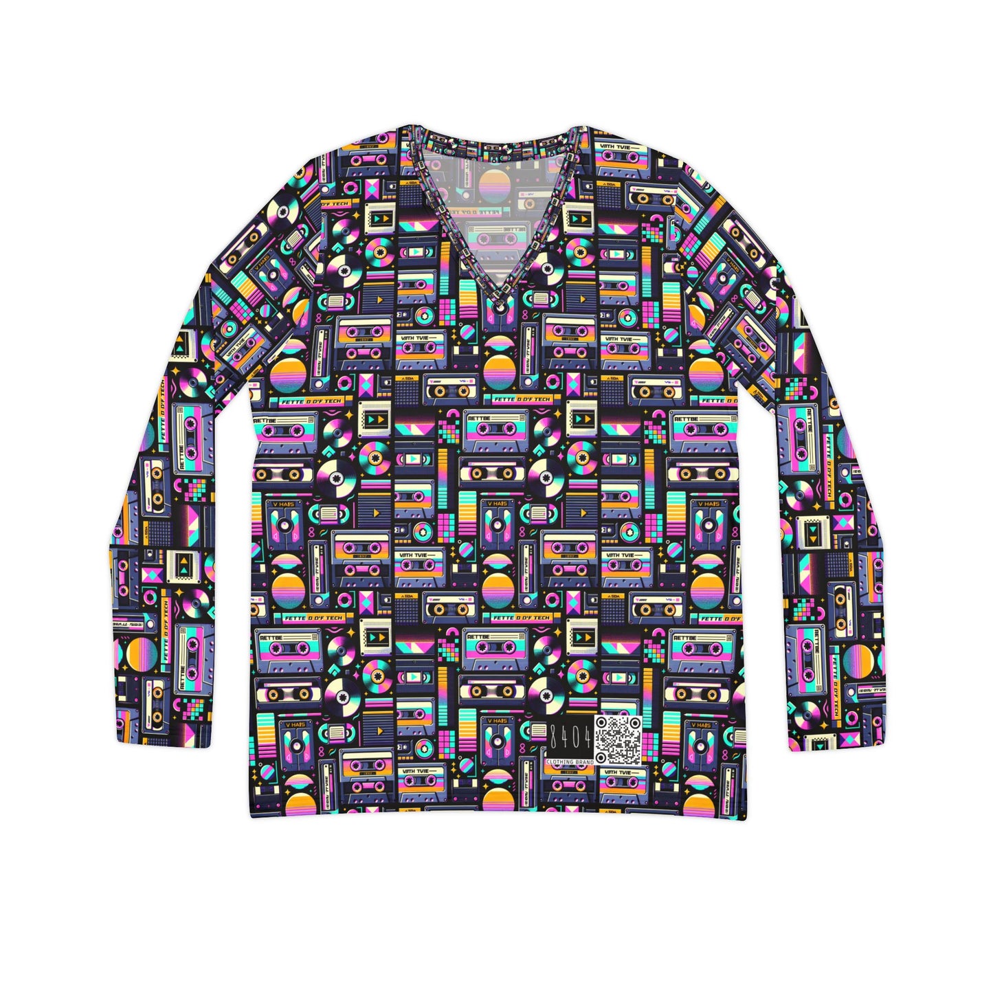 Digital Nostalgia Tech-Inspired Retro Fusion Women's Long Sleeve V-Neck Shirt - 8404 Design-48