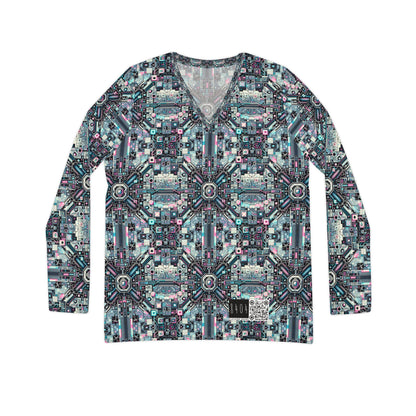Digital Renaissance Tech-Forward Maximalism Women's Long Sleeve V-Neck Shirt - 8404 Design-44