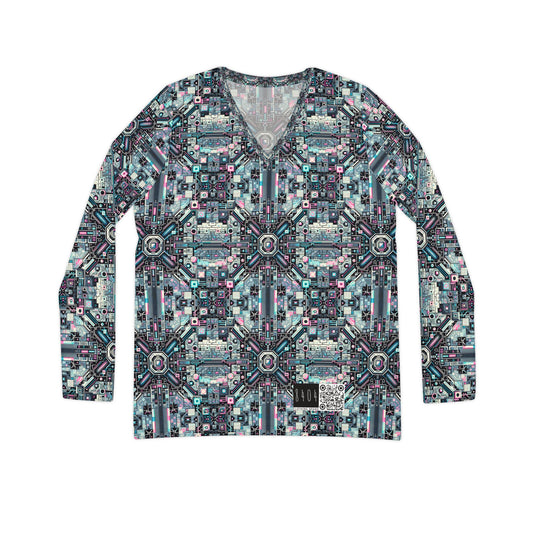 Digital Renaissance Tech-Forward Maximalism Women's Long Sleeve V-Neck Shirt - 8404 Design-44