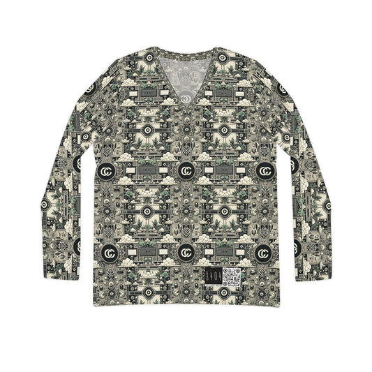 Cyber Garden Party Tech Garden Extravaganza Women's Long Sleeve V-Neck Shirt - 8404 Design-54