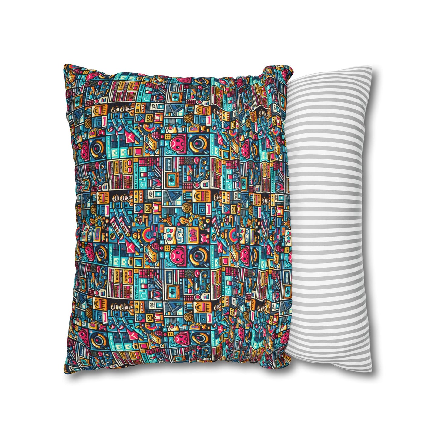 Digital Pop Culture Mashup Maximalist Pop Spun Polyester Square Pillowcase - 8404 Design-47