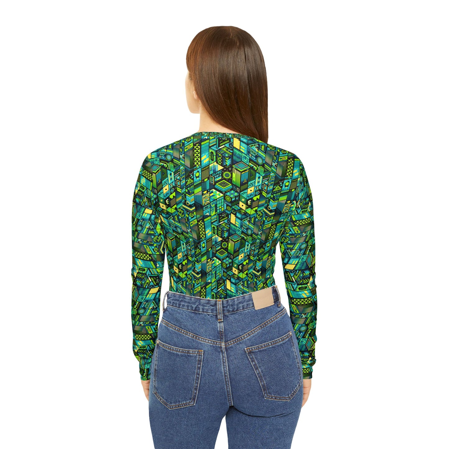 Tech-Infused Neon Tech-Forward Streetwear Women's Long Sleeve V-Neck Shirt - 8404 Design-61
