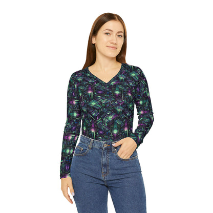 Tech Noir Aesthetics Tech-Forward Urban Dystopia Women's Long Sleeve V-Neck Shirt - 8404 Design-43