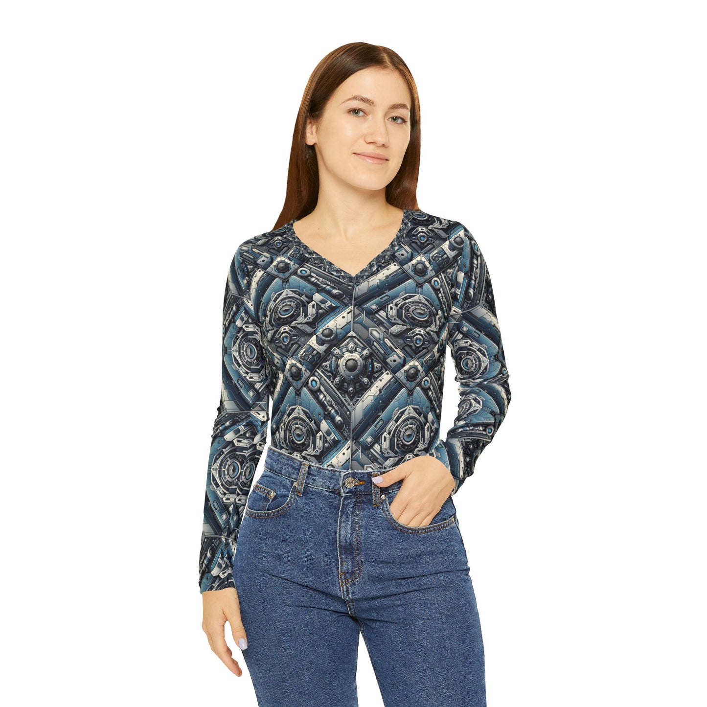 Tech Utility Fusion Tech-Forward Utility With a Futuristic Edge Women's Long Sleeve V-Neck Shirt - 8404 Design-43