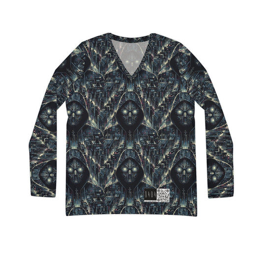 Tech Noir Aesthetics Sleek Tech Streetwear Women's Long Sleeve V-Neck Shirt - 8404 Design-56