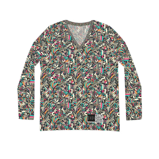 Digital Street Art Urban Street Style Women's Long Sleeve V-neck Shirt - 8404 Design-74