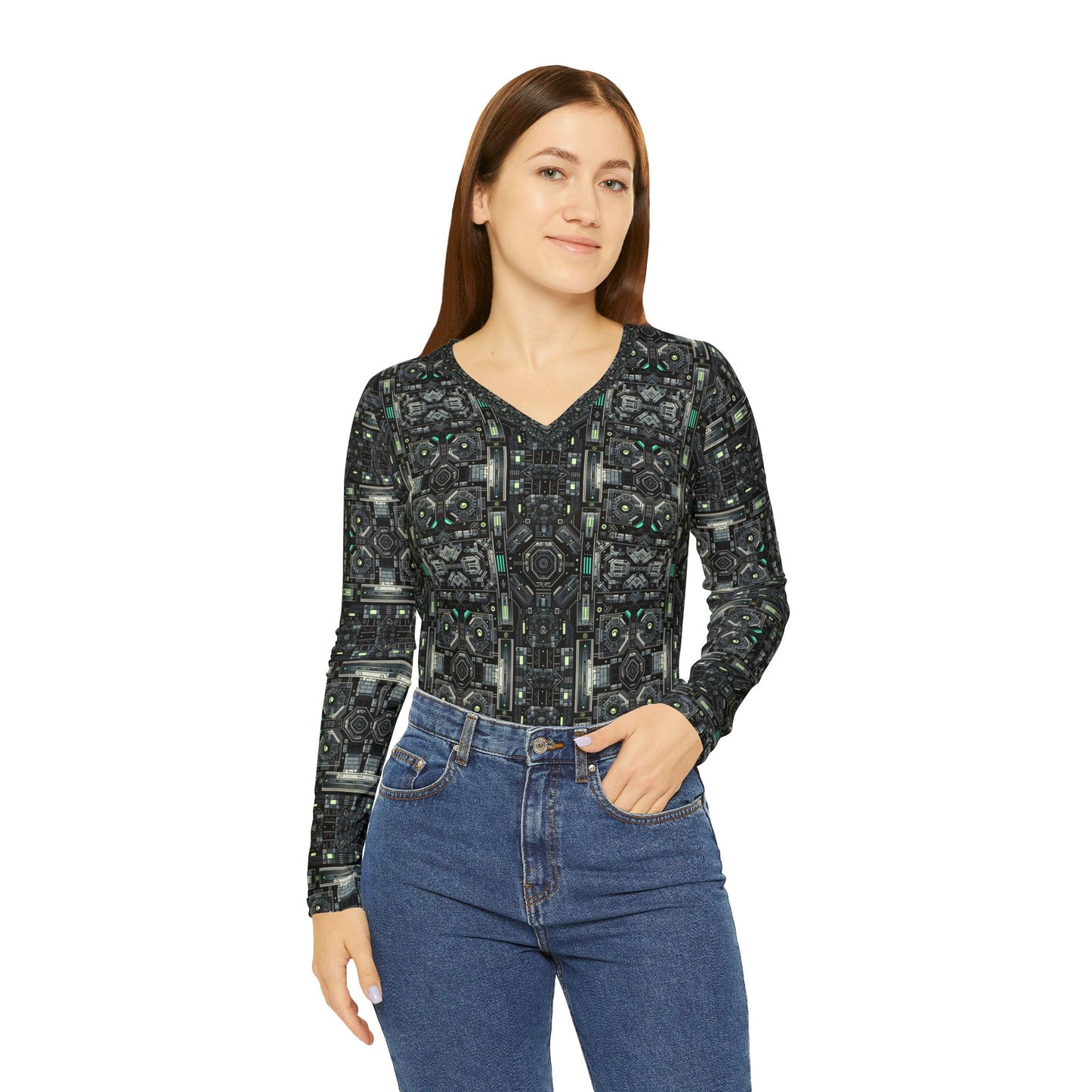 Tech Noir Tech-Forward Minimalism Women's Long Sleeve V-Neck Shirt - 8404 Design-52