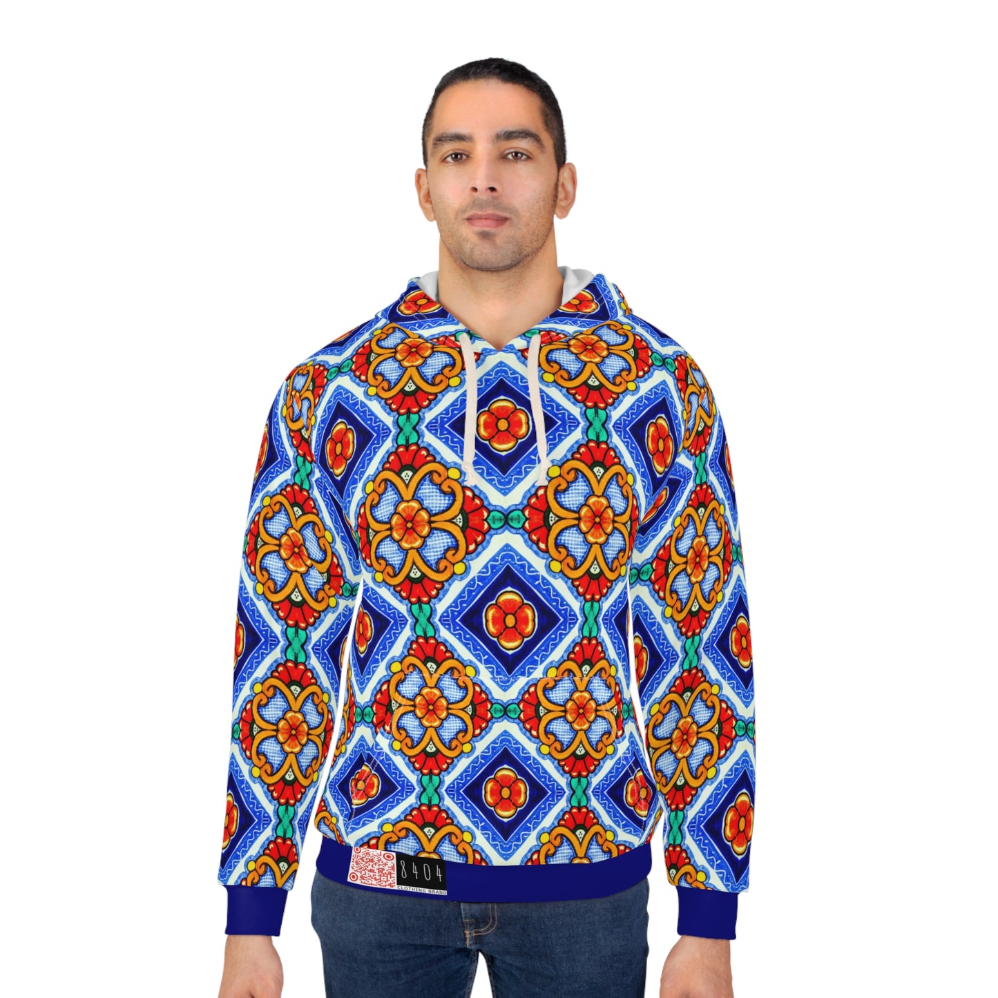 8404 Unisex Adult's "Elegant Retro Mosaic" Fashion Pullover Hoodie in Blue