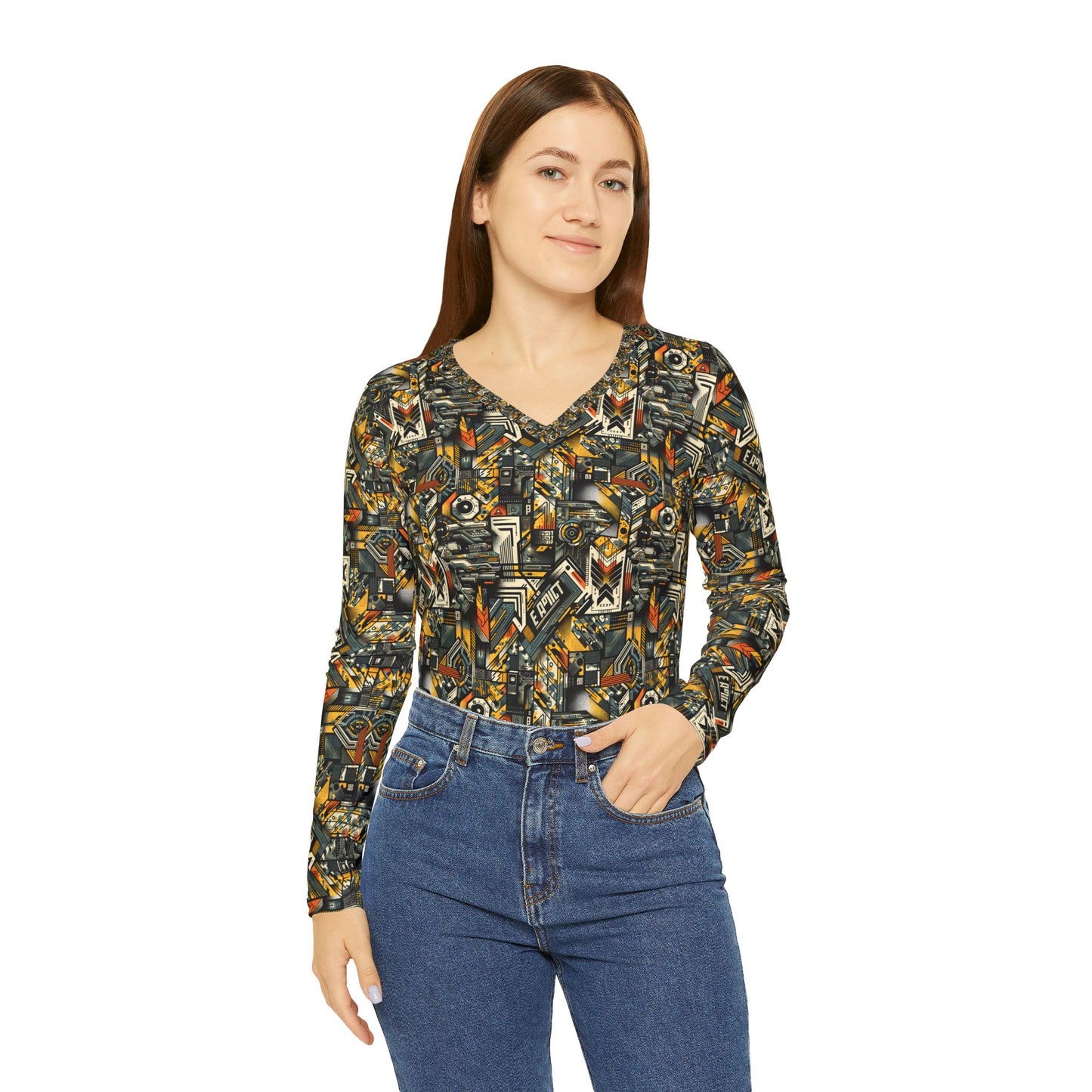 Digital Punk Futuristic Grunge Women's Long Sleeve V-Neck Shirt - 8404 Design-49